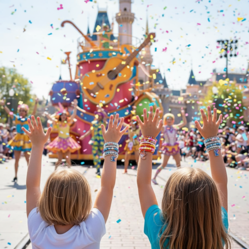 Two small hands, each wearing a Zootopia bracelet, are raised high in the air, waving excitedly.