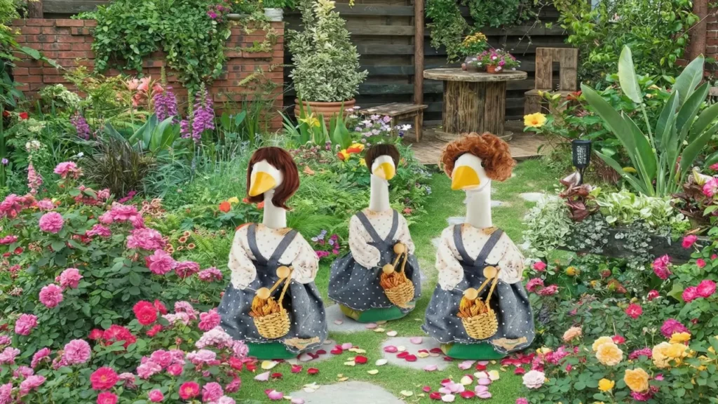 Funny porch goose wig on a concrete goose