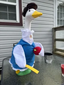 A lively porch goose wearing a blue and white outfit and a fun wig