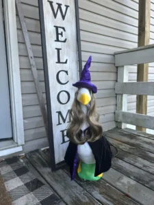 A porch goose dressed as a witch with long flowing hair
