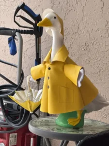 A porch goose wearing a yellow raincoat and matching rain hat, ready for spring rain