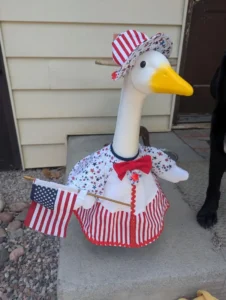 A vibrant porch goose dressed in a pink and white outfit