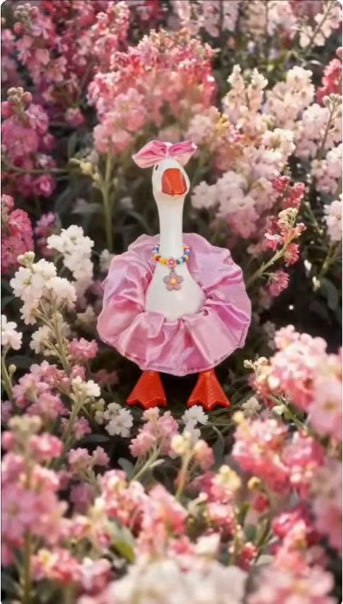 A white toy goose wearing a pink ruffled skirt, a matching pink bow on its head, and a colorful beaded flower necklace, standing in a lush field of pink and white blooming flowers.