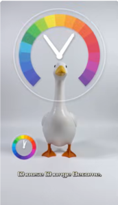 A white toy goose facing forward, overlaid with a large, semi-transparent clock face made of a colorful rainbow spectrum. A smaller matching clock icon sits to the lower left, and text at the bottom reads 'Choose Change Become.