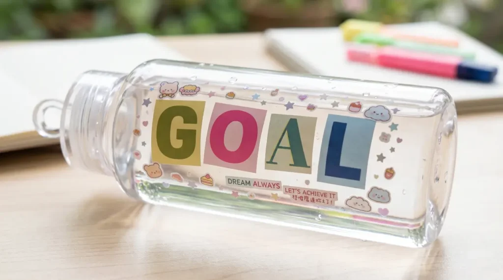 The stickers on a water bottle