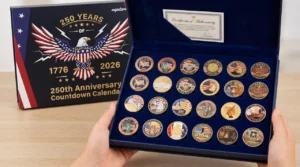 24 piece USA 250th Anniversary commemorative coin gift set in a jewelry box