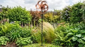 63 inch copper metal wind spinner in a lush green garden