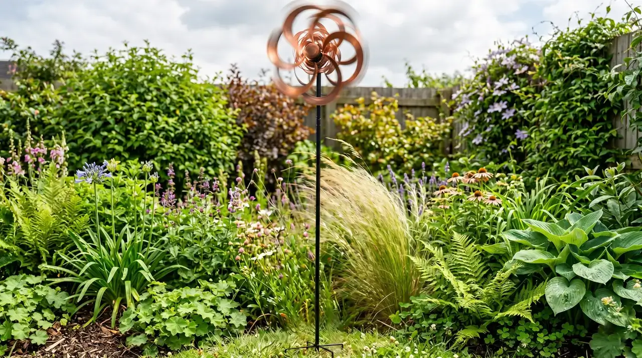 63 inch copper metal wind spinner in a lush green garden