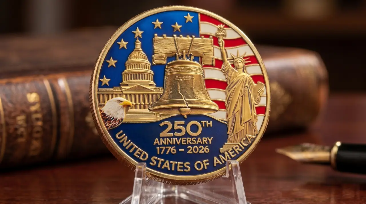 Close up of USA 250th anniversary coin showing American eagle and Liberty Bell details