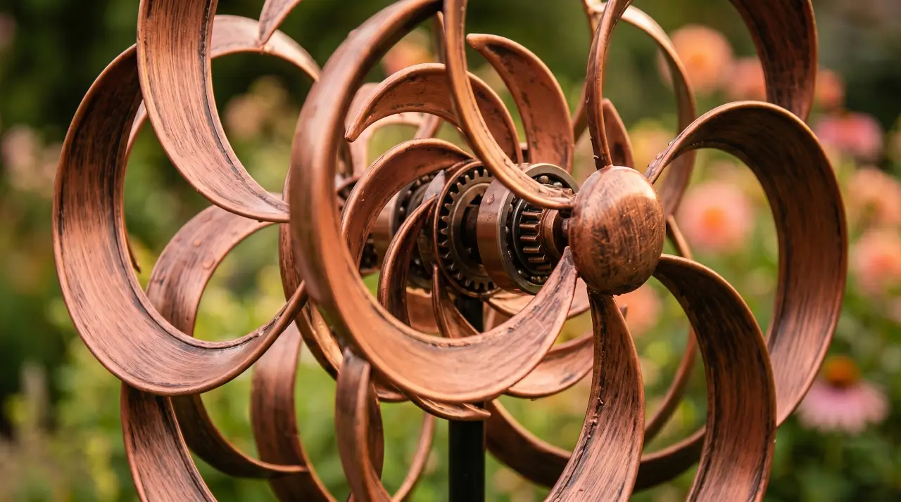 Close-up of double-sided kinetic yard art blades with copper finish
