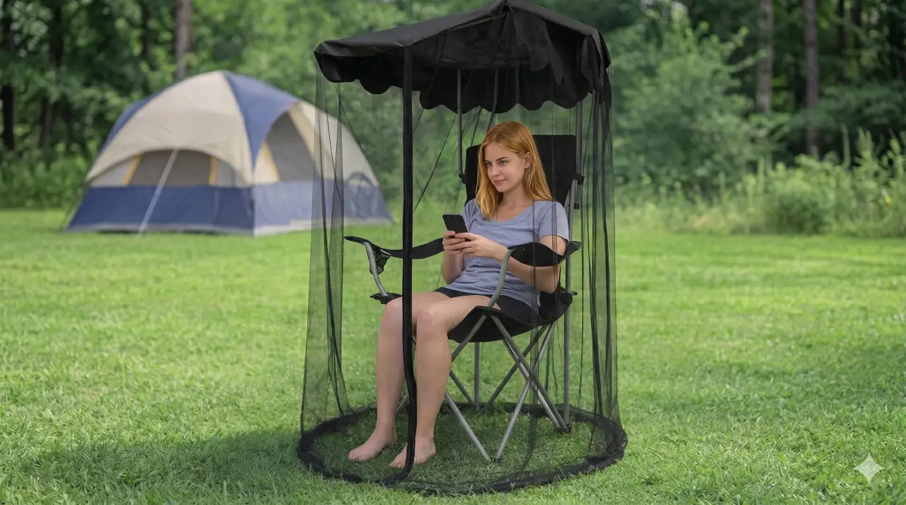 canopy chair mosquito net installed on outdoor camping chair