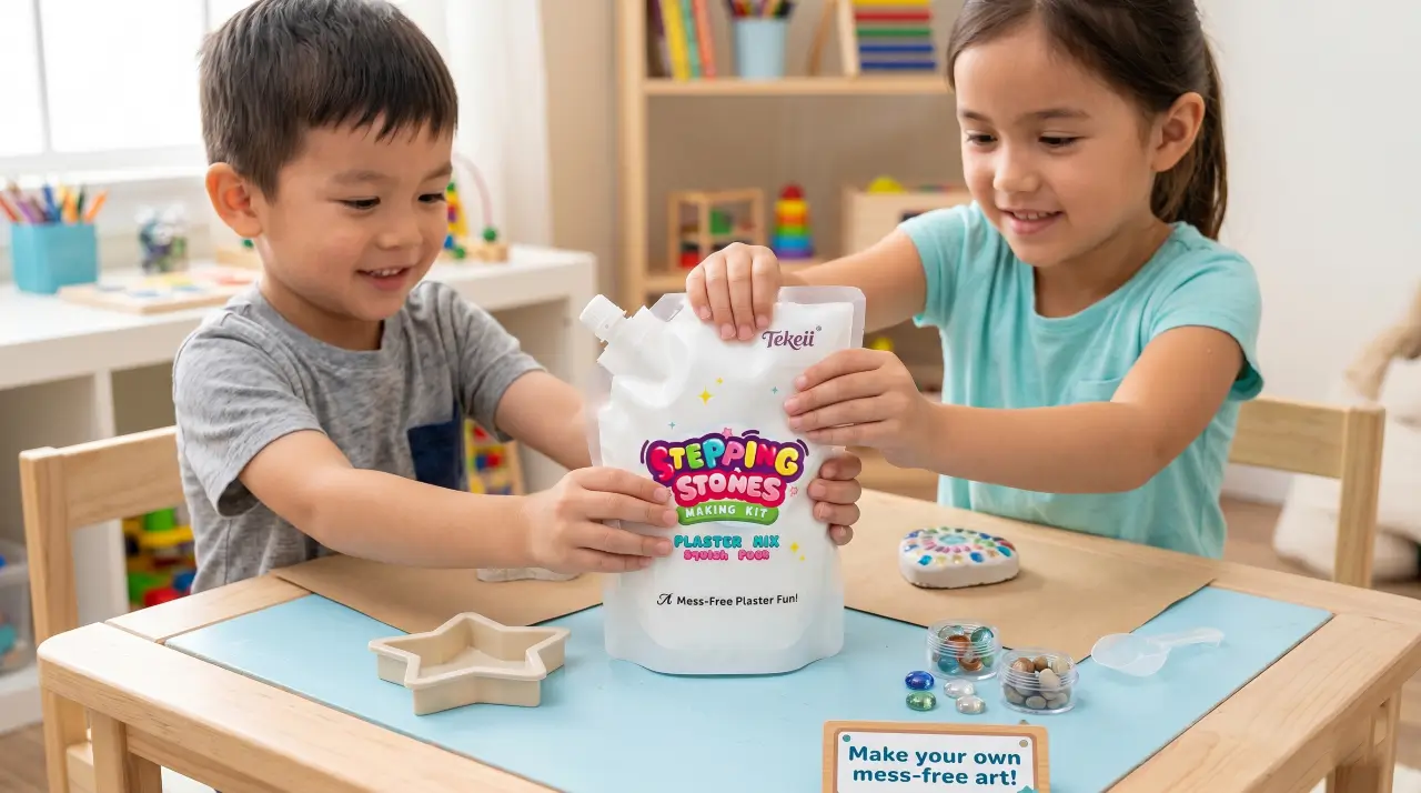 kids using mess free plaster mixing bag for stepping stone kit