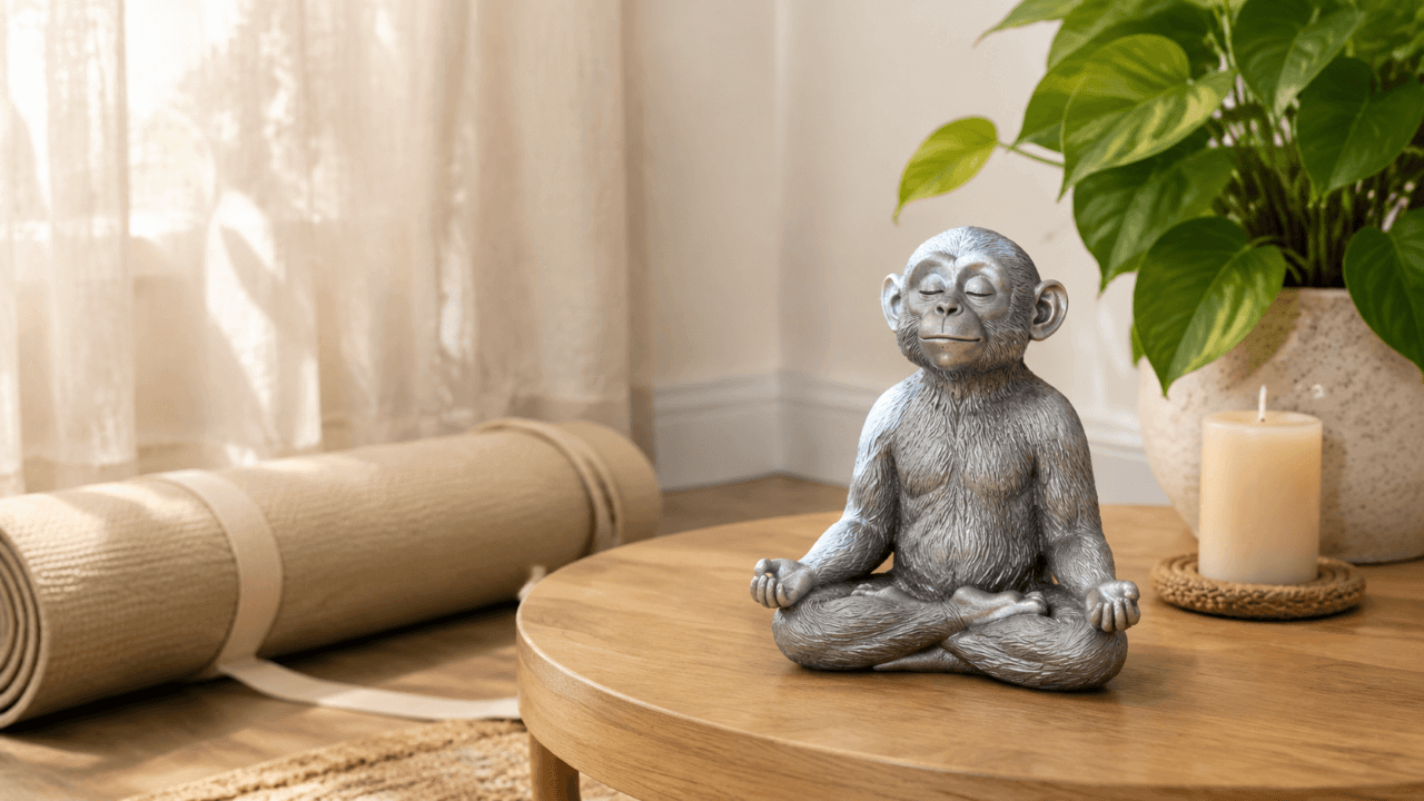 Meditation monkey statue beside a yoga mat in a peaceful indoor yoga corner