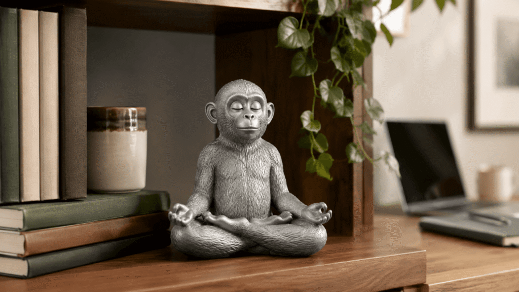 Small silver-grey yoga monkey statue used as bookshelf and home office decor